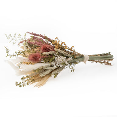 mixed white and pink dried floral bouquet against white background