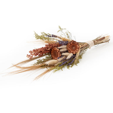 mixed white and tan dried floral bouquet against white background