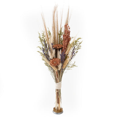 mixed white and tan dried floral bouquet against white background