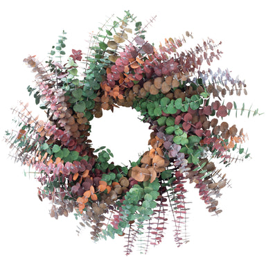 multi color preserved eucalyptus wreath against white background