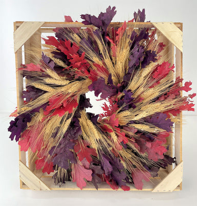 red and purple oak leaf mixed with blonde wheat wreath against white background